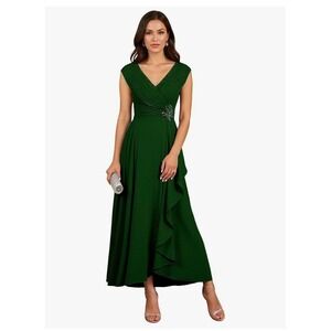 Elegant V Neck Cap Sleeve Beaded Detail Pleated Chiffon Gown